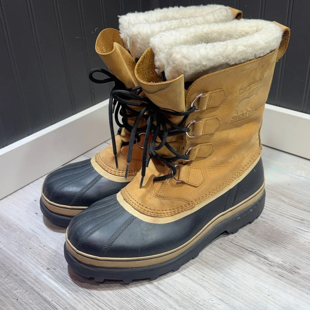 Sorel Waterproof Lined Men's Snow Boots Tan Black White Lace Up US 11